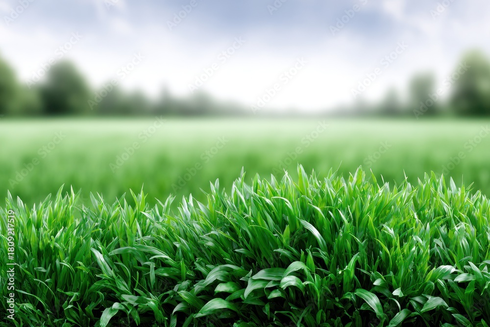 Fototapeta premium Lush Green Landscape: A close-up of vibrant green grass blades, stretching towards a blurred, expansive field and a serene sky in the distance, evoking feelings of freshness and tranquility.