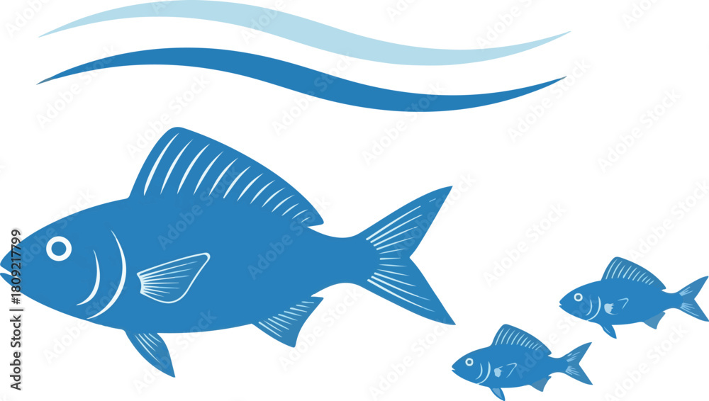 Fototapeta premium Blue fish swimming with smaller fish and water waves aquatic life concept.