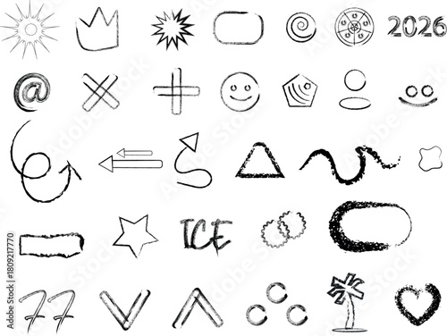 Hand drawn grunge doodle set of various symbols and shapes collection