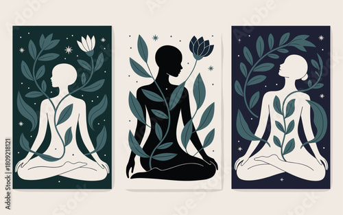Meditating figures surrounded by floral elements in a serene and natural setting