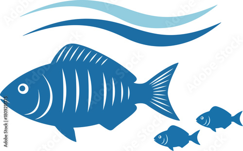 Blue fish swimming with smaller fish and water waves illustration.