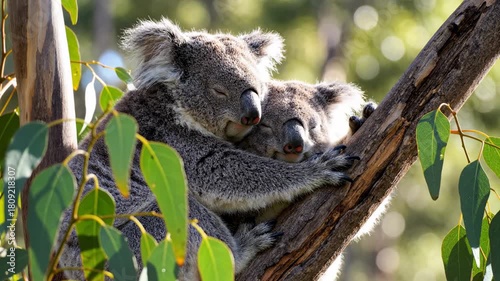 Affectionate wild mother koala embracing her sleeping joey while perched on a eucalyptus tree branch. Beautiful and tender moment of australian native animals in their natural habitat
