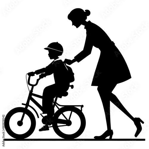 Mother teaching child to ride a bike, silhouette design 