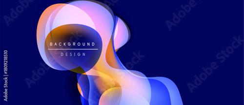Abstract fluid shapes overlap, creating vibrant color gradients. Dark blue background emphasizes flowing design elements. Modern, dynamic composition.