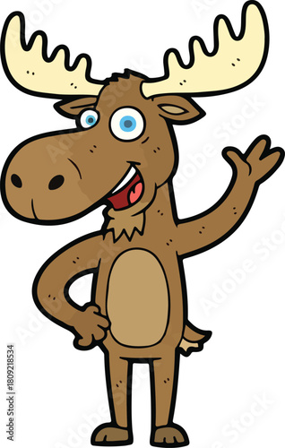 Cheerful cartoon moose waving with a friendly smile and large antlers.