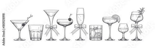 Assortment of Hand- Drawn Cocktail Glasses Collection