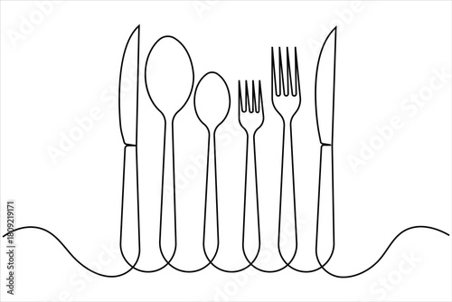 One continuous line art drawing of fork, spoon and knife  set design. Single line art of food tools for restaurant menu, poster or banner in linear minimalist design vector illustration