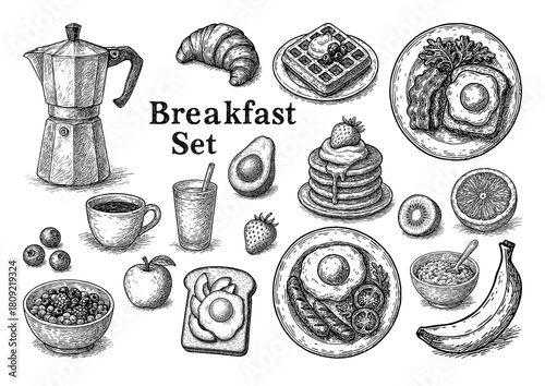 手描き風・朝食セットのペン画イラスト、Hand-Drawn Breakfast Set Pen Illustration
