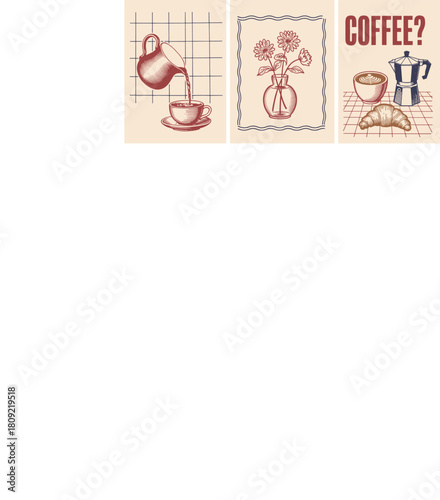 Coffee Break and Floral Illustration Triptych Hand Drawn