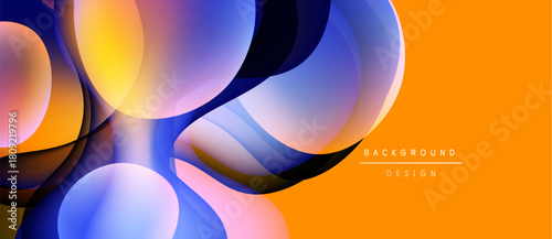 Abstract fluid shapes, vibrant colors blend. Orange backdrop complements blue, purple hues. Modern design element.