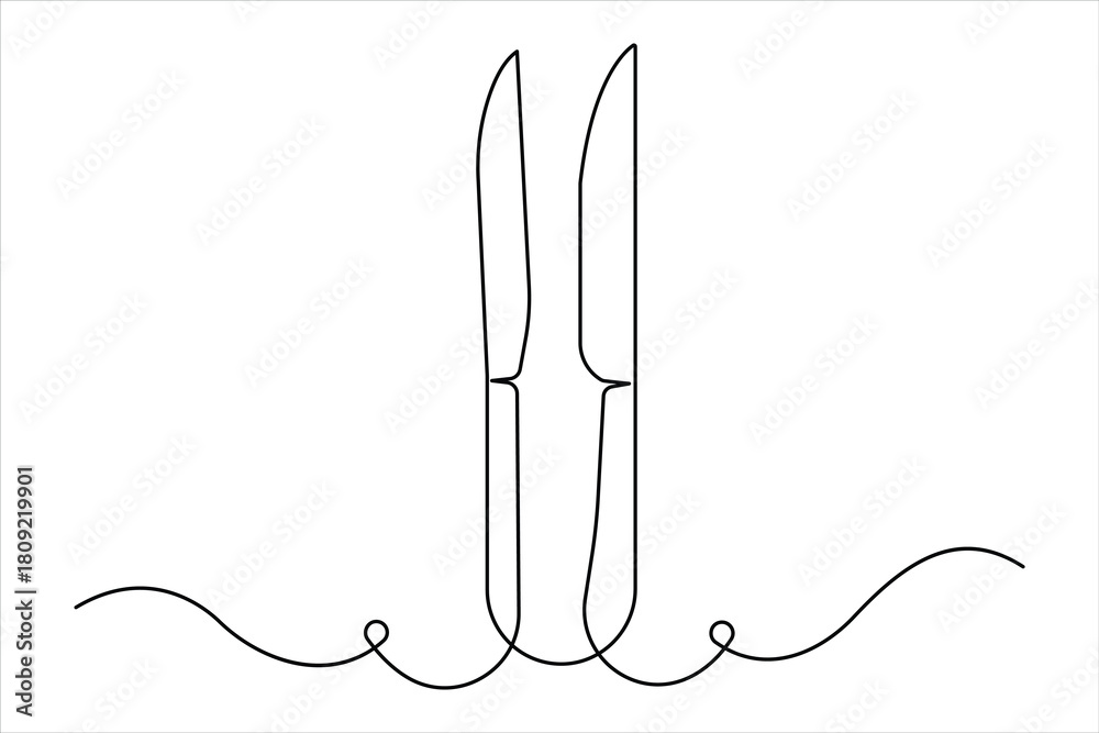 Obraz premium One continuous line art drawing of knife set design. Single line art of food tools for restaurant menu, poster or banner in linear minimalist design vector illustration 