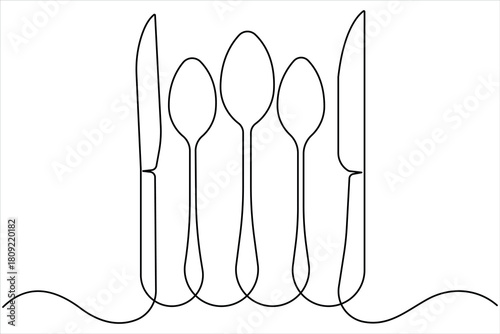 One continuous line art drawing of knife and spoon set design. Single line art of food tools for restaurant menu, poster or banner in linear minimalist design vector illustration