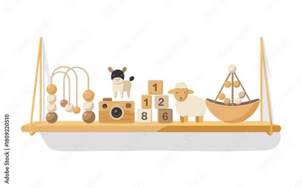 Fototapeta premium Wooden Toys and Baby Gear Displayed on a Shelf