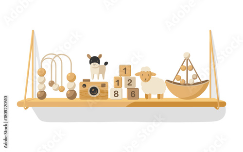Wooden Toys and Baby Gear Displayed on a Shelf