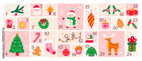 Design of Christmas advent calendar with holiday winter items. Xmas vector illustration with numbers and gifts, cute Santa, snow