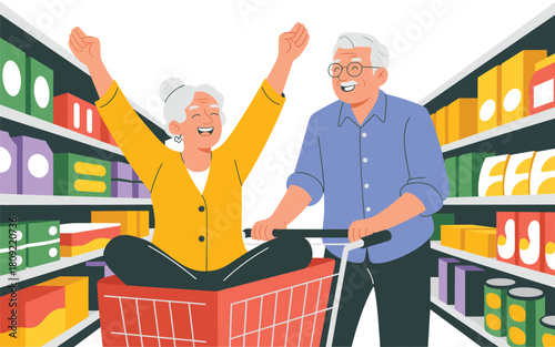 Happy elderly couple in a shopping cart at the grocery store illustration