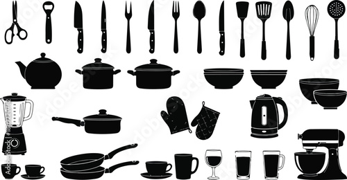 Collection of kitchen utensils and cookware perfect for culinary tasks and food preparation.