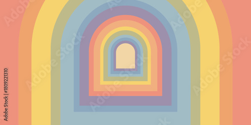 Abstract psychedelic arch background with layered pastel rainbow shapes in soft orange, yellow, green, blue, and purple tones. Groovy retro vector perfect for posters, packaging, and design.
