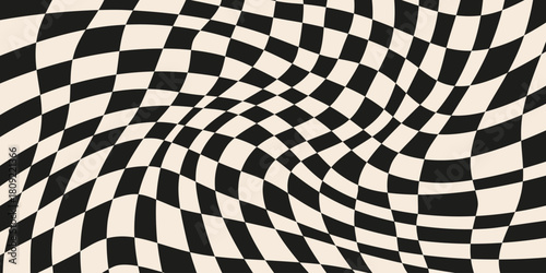 Psychedelic wavy background with black and white distorted checker pattern in groovy abstract style. Psychedelic checker horizontal background with optical curved motion. Vector illustration