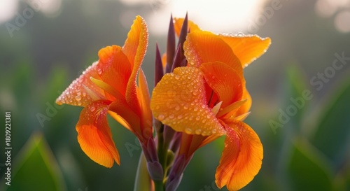 Vibrant orange canna lily flower in soft morning light
