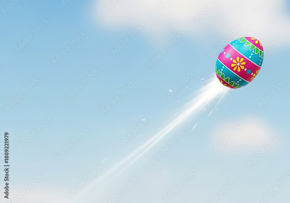 Obraz premium Colorful Easter egg flying through blue sky with clouds 