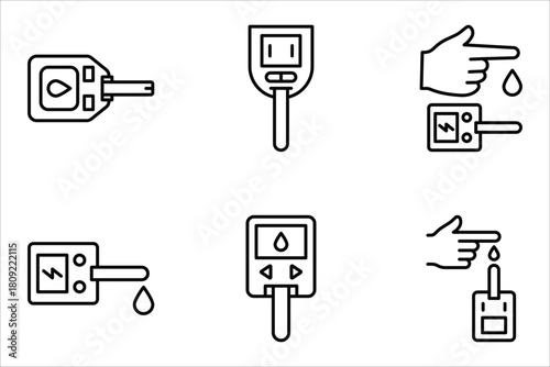 Blood glucose meter test icons set, editable stroke, of vector icons isolated on a white background.
