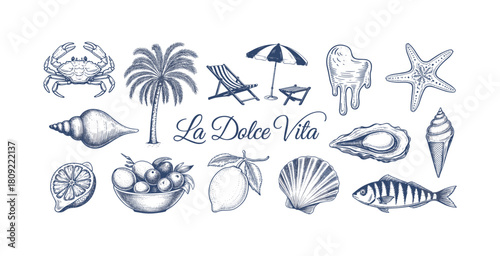 Italian Summer Vacation Icons La Dolce Vita Hand Drawn Sketch
