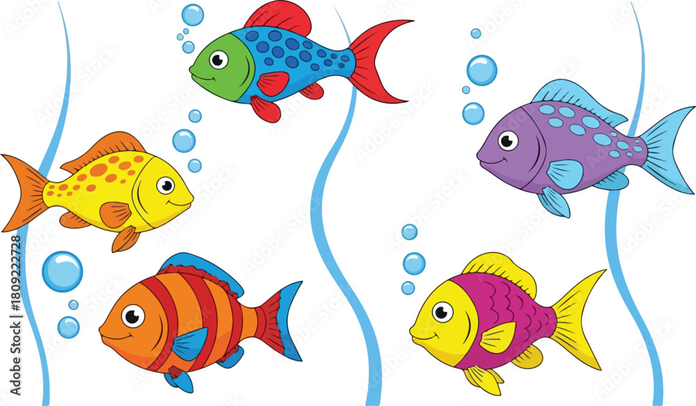 Naklejka premium Colorful Fish Swimming in the Water with Bubbles a Delightful Aquatic Scene.