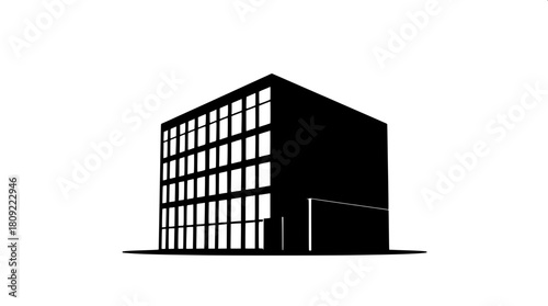 Black solid fill illustration of a sleek corporate headquarters building with a modern architectural design, minimal lines and a logo-like appearance, featuring a dark tones color scheme, with a bold 
