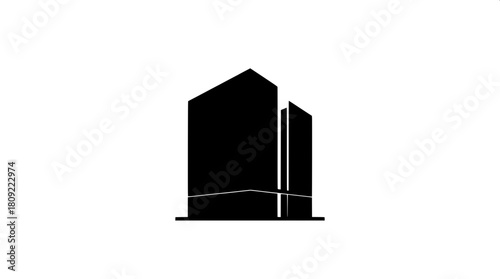 Black solid fill illustration of a sleek corporate headquarters building with a modern architectural design, minimal lines and a logo-like appearance, featuring a dark tones color scheme, with a bold 