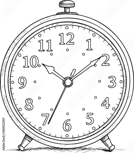 Detailed black and white illustration of a classic alarm clock showing the time.