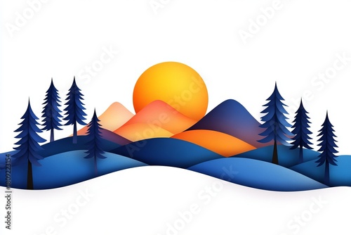 A rising sun illuminates layered mountains and pine trees under a bright white sky.