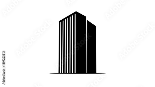 High-contrast architectural icon resembling a tall office block with sleek lines and sharp edges, rendered in solid black with no visible texture, set against a pristine white background that accentua