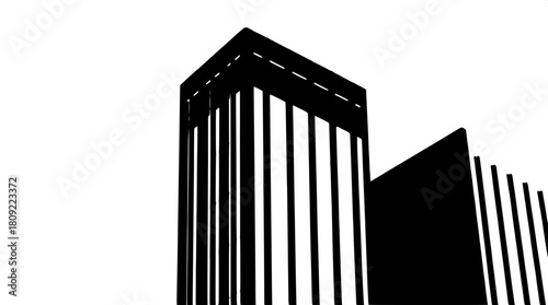 High-contrast architectural icon resembling a tall office block with sleek lines and sharp edges, rendered in solid black with no visible texture, set against a pristine white background that accentua