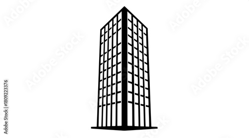 High-contrast architectural icon resembling a tall office block with sleek lines and sharp edges, rendered in solid black with no visible texture, set against a pristine white background that accentua