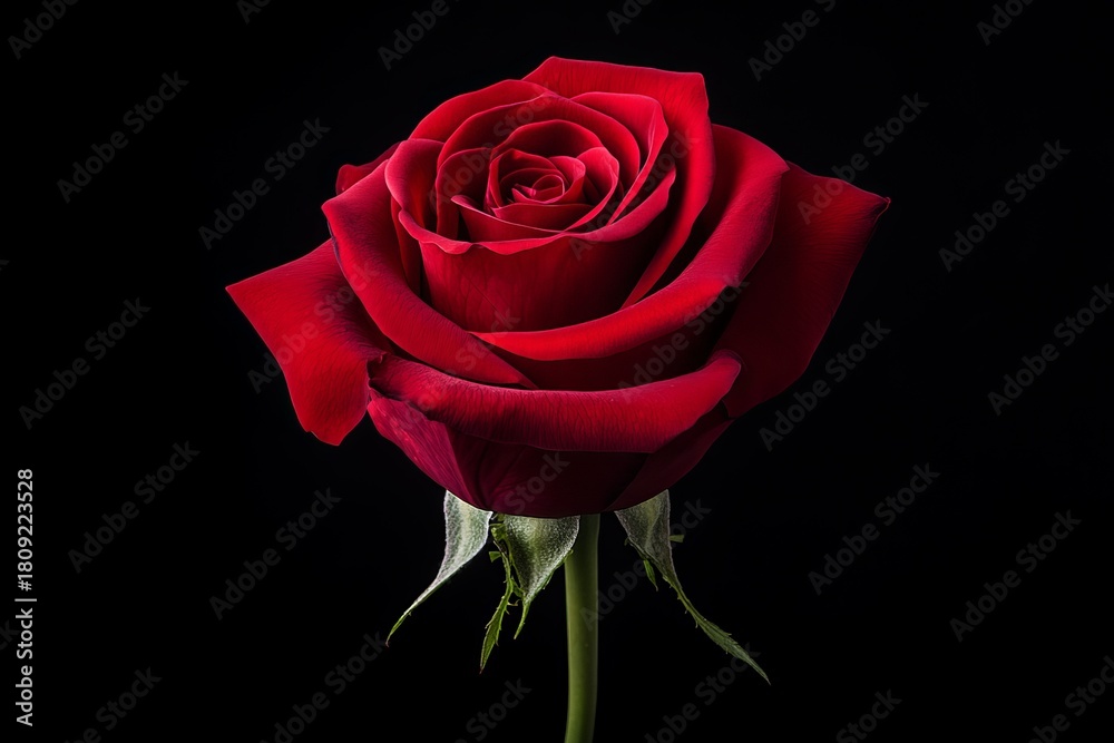 Naklejka premium A vibrant red rose stands centered against a stark black background, illuminated with soft lighting.