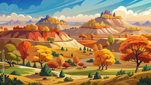 Very beautiful colorful trees scattered across rolling hills in Theodore Roosevelt National Park, featuring warm autumn tones, layered buttes, soft light, and a clean landscape suitable for vector-sty