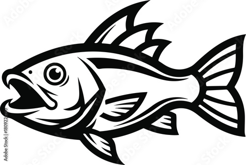 Detailed black and white illustration of a fish with open mouth and fins.