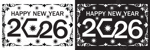 Happy 2026 New Year decorative vector icons A set of 2026 designs featuring bold numerals, festive ornaments, and contrasting light–dark color themes for celebration graphicsEPS10/AI.