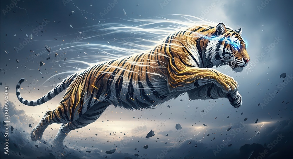 Fototapeta premium Mythical glowing tiger leaps through a stormy, debris-filled sky