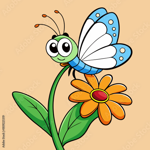 A cute cartoon butterfly with big eyes sits on a vibrant flower, its wings adorned with blue patterns this whimsical illustration brings joy and color to any design