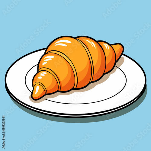 A delectable croissant rests elegantly on a pristine white plate, its goldenbrown crust glistening under the soft light, inviting a delightful culinary experience and a moment of pure indulgence