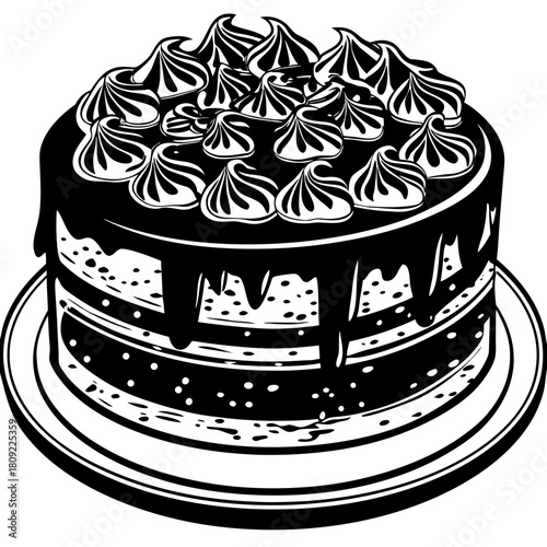 A delectable chocolate cake with intricate icing swirls, resting on a pristine white plate, showcasing its rich layers and tempting design, isolated on