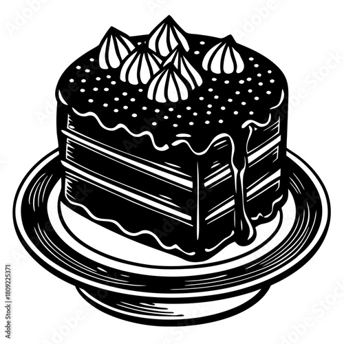 A delectable chocolate cake illustration with dripping icing and whipped cream toppings, presented on a decorative cake stand, showcasing intricate line art and a vintage aesthetic, isolated on