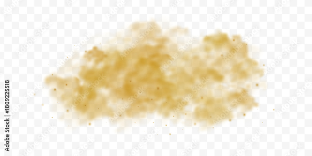 Fototapeta premium Flying dust cloud with sandy particles on transparent background. Realistic brown sand effect for desert storm scenes and dirt splash overlays.