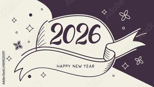 Illustration of happy new year 2026 with ribbon, stars, and floral elements on a split background