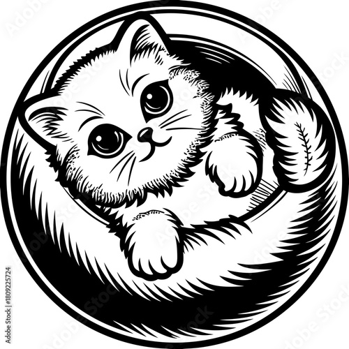 Adorable kitten curled up in a ball, a charming and heartwarming illustration of a cute feline in a playful pose, perfect for childrens books, petthemed designs, and delightful animal art projects