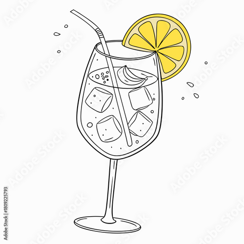 Aperol spritz cocktail isolated on, featuring ice cubes, a straw, and a lemon slice, perfect for summer refreshment and bar menu illustrations, showcasing a classic drink