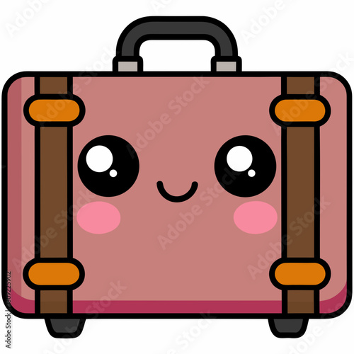 Cute suitcase with kawaii face on a charming vector illustration of a travel bag with smiling eyes and rosy cheeks, perfect for vacation and adventure themes