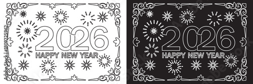 Happy 2026 New Year decorative vector icons A set of 2026 designs featuring bold numerals, festive ornaments, and contrasting light–dark color themes for celebration graphicsEPS10/AI.